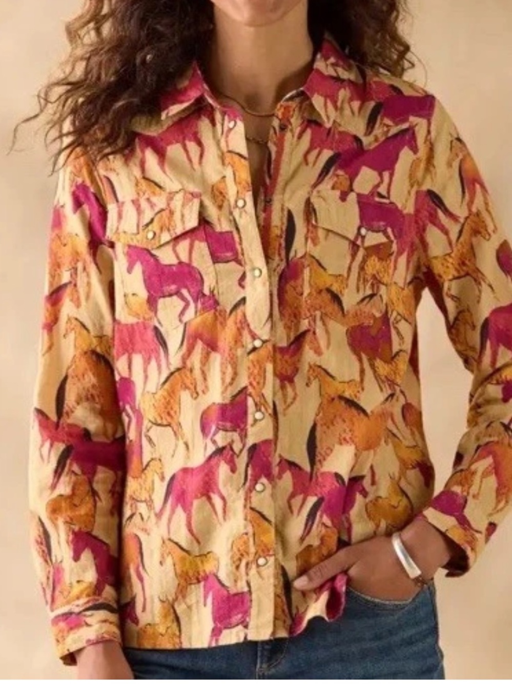 Sundance Equestrian Joy Shirt Long Sleeve Pearl Snap Front Horse Motif Size M